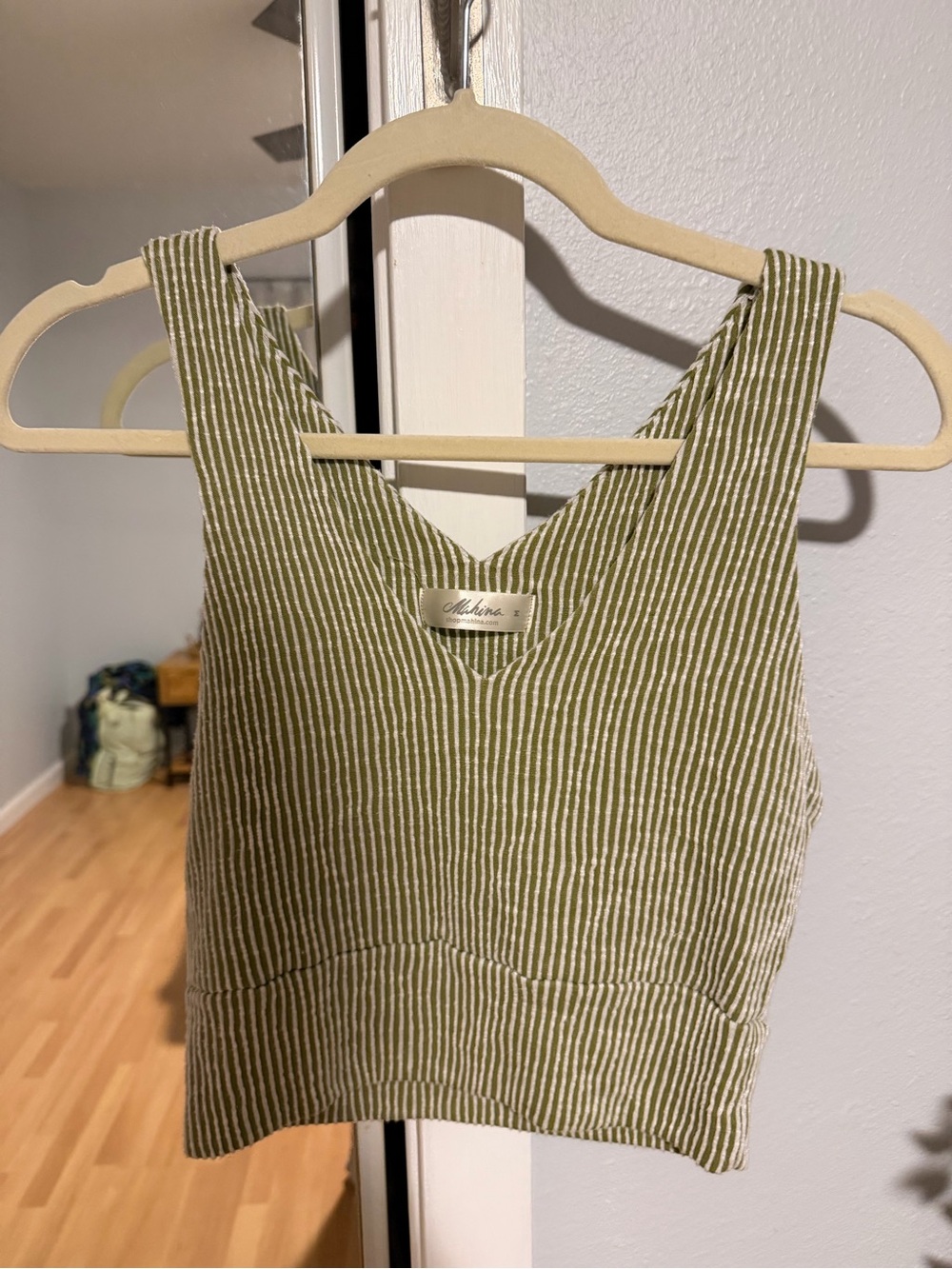 Mahina Olive Green and White Striped Tank Crop Tank Top